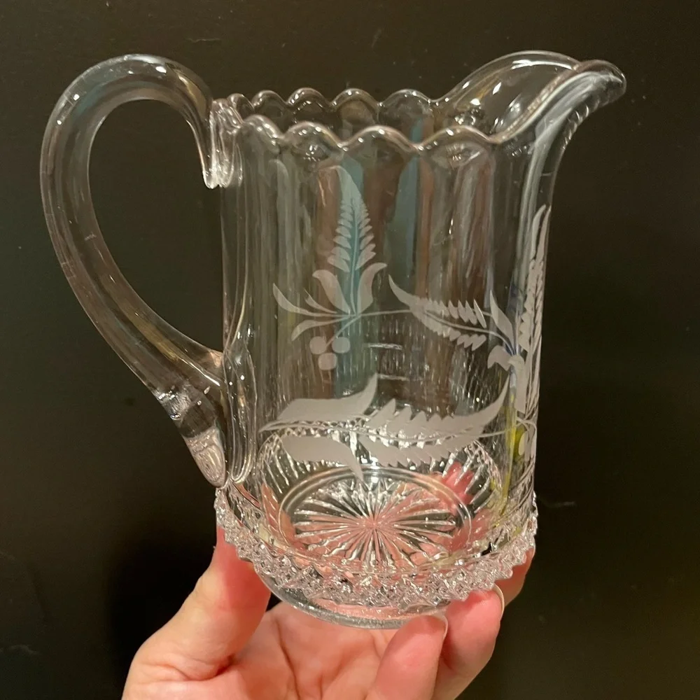 Vintage EAPG DAKOTA 5” Creamer Pitcher with Etched Fern Leaf & Starburst Bottom